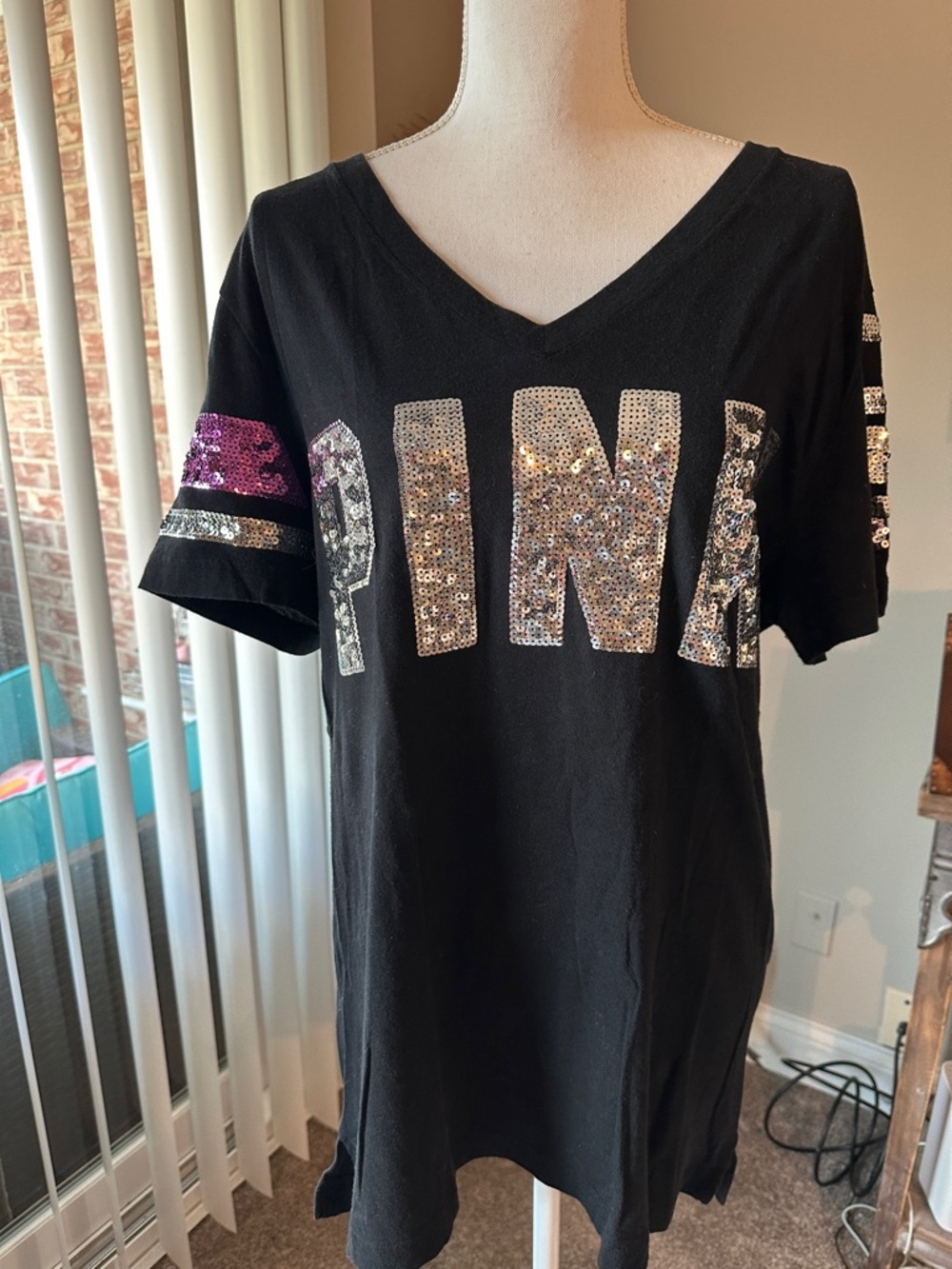 PINK Victoria's Secret Black Sequin Logo Tee with Pink Accent